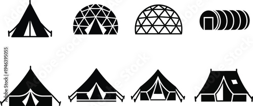 Various types of tents and shelters in vector graphic illustrations