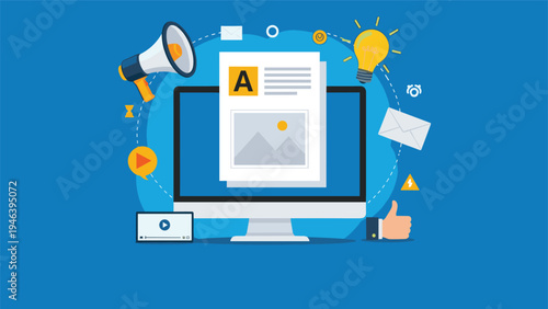 Digital content creation and blog marketing concept with monitor showing article, megaphone, lightbulb, and social media engagement symbols.
