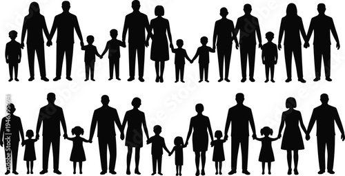 Two Rows of Silhouettes of Families Holding Hands family parents