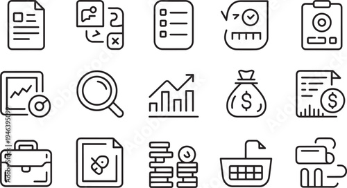 Collection of flat design vector icons representing various business and everyday life concepts