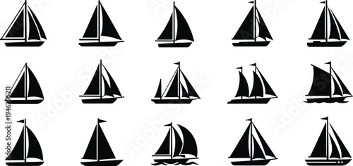 Various sailboat designs and styles in black vector graphics