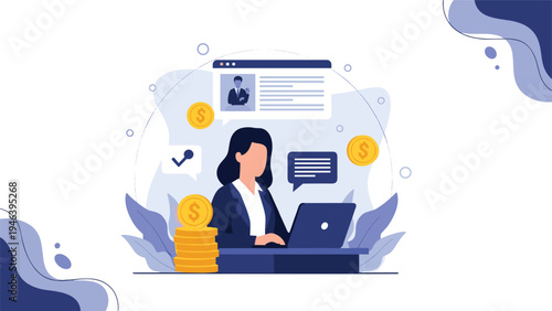 Online job recruitment and human resources concept illustration with a professional woman at her laptop evaluating candidate profiles and money.