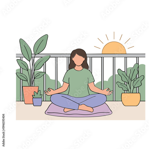 Woman meditates peacefully on balcony with plants at sunrise