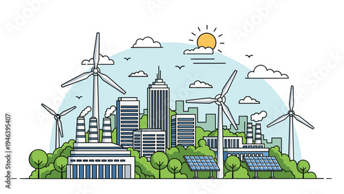 Sustainable green city concept with modern eco-friendly buildings, wind turbines, solar panels, and factories with clean energy emissions.
