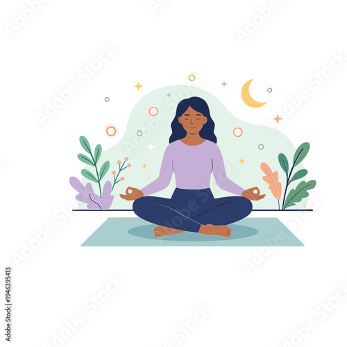 Woman practices yoga on a mat in a serene outdoor setting with plants and moon