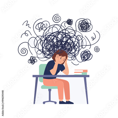 A frustrated student sits at a desk overwhelmed by chaotic thoughts.