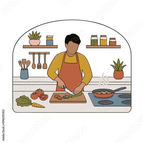 A man is chopping vegetables on a cutting board in a kitchen while cooking.