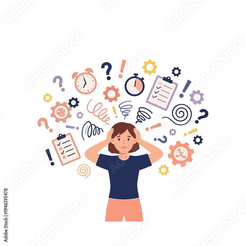 Overwhelmed woman surrounded by confusing symbols and question marks