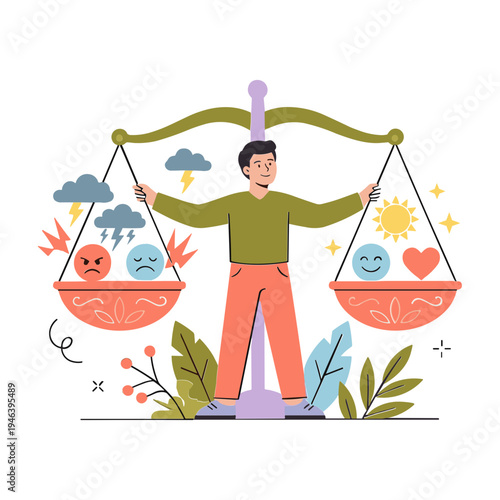 A man balances emotions on a scale with various faces and weather symbols.