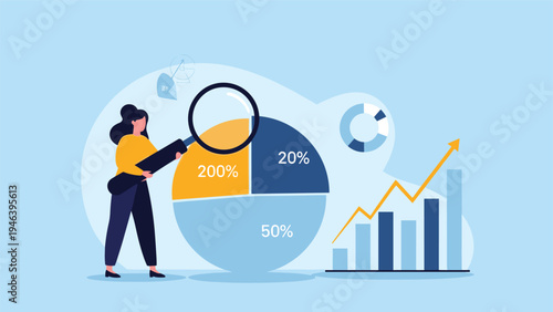 Financial data exploration and business auditing concept showing a woman with a magnifying glass inspecting a pie chart with growth figures.