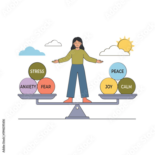 Woman balances stress and peace on a seesaw outdoors in sunny calm environment