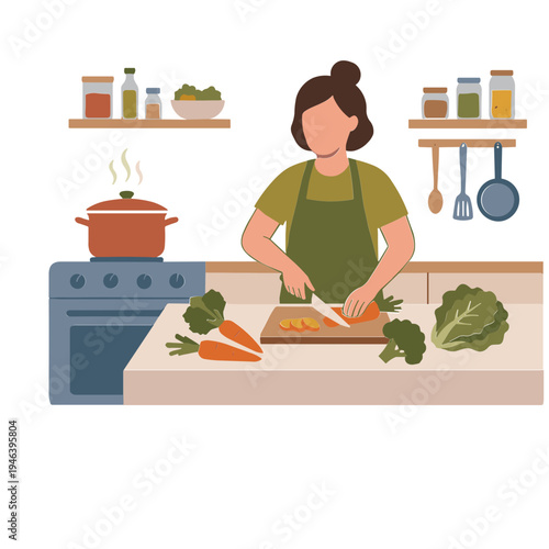 Woman chopping carrots and broccoli on kitchen counter with pot