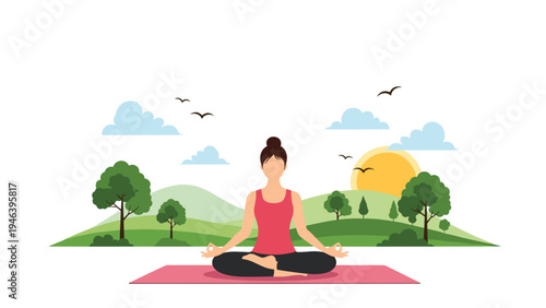 Peaceful woman practicing yoga meditation in lotus pose outdoors in nature with beautiful sunset mountains trees and birds in the background.