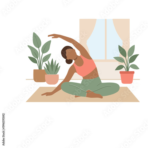 A woman is practicing yoga on a mat in a room with plants near a window.
