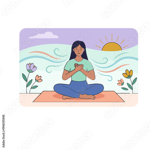 Woman meditates peacefully on a yoga mat outdoors at sunrise