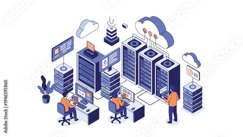 IT specialists managing complex network infrastructure and cloud server banks in modern data center environment with advanced computer systems.