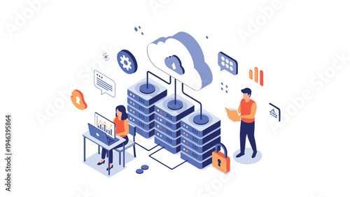 Cloud storage administration and network maintenance with professionals monitoring server stacks and data flow within an integrated ecosystem.