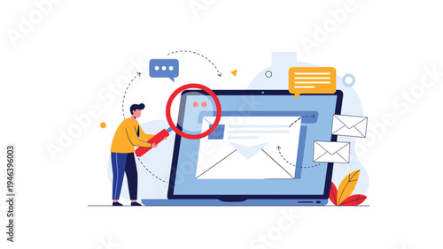 Marketing professional using magnifying glass for email search and data analysis on laptop screen with notification icons in the background.