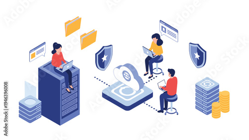 Remote collaboration and cloud database management with team of professionals working on servers and cloud icons using laptop computers.