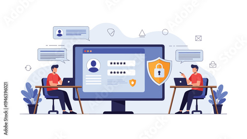 Secure login and data privacy concept with people working at desks around a large monitor featuring password entry and protection shield.