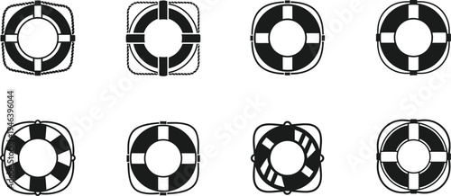 Various lifebuoy vector graphic designs with rope and strap details in black and white