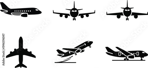 Collection of six black vector airplane illustrations in various flying positions and angles