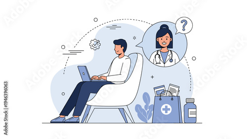 Telemedicine and online medical consultation concept with patient using laptop to talk to doctor about prescription and pharmaceutical needs.