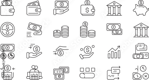 Collection of hand drawn finance and money related icons isolated on transparent background