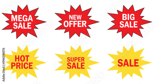 Starburst Sale Stickers and Labels, Sunburst Star and Rosette Badges, Callout Splash Stamps, Red Circle and Oval Price Tags, Vector