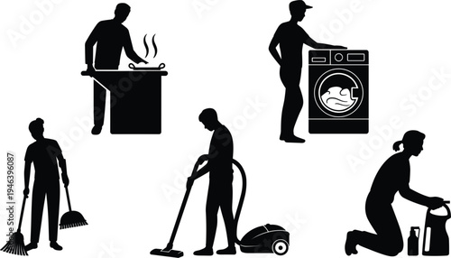 cleaning, housework, silhouette, service, housekeeping, laundry, vacuum, sweeping, cooking, domestic, professional, vector, chores, janitor, hygiene