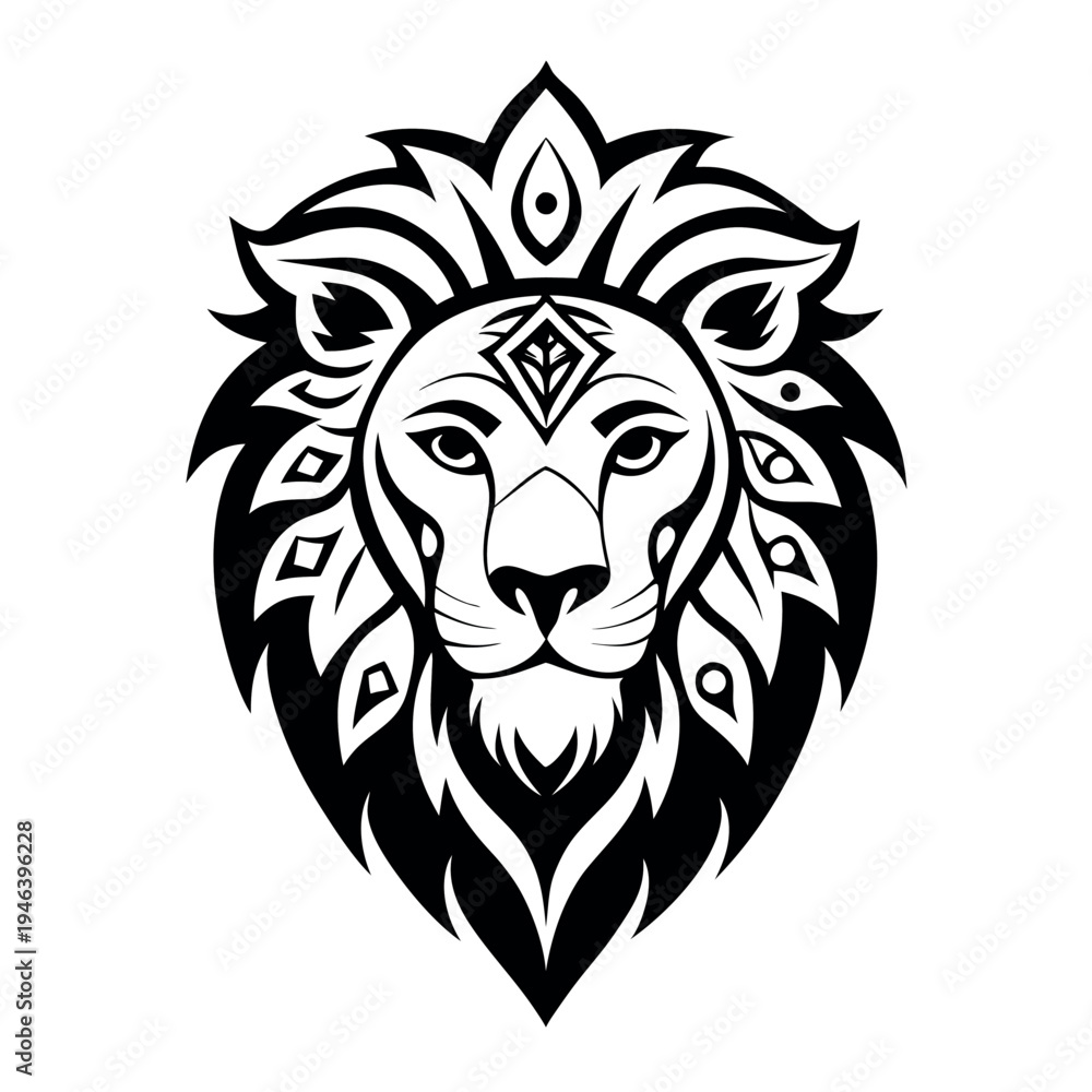 Fototapeta premium Lion head tribal tattoo design intricate line art. 