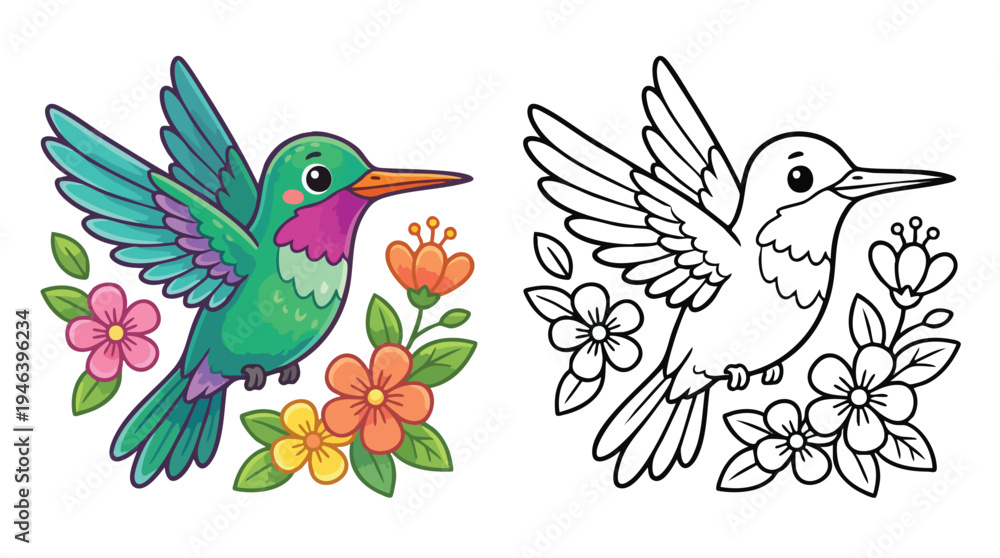 Obraz premium Hummingbird Coloring Book Page with Floral Elements