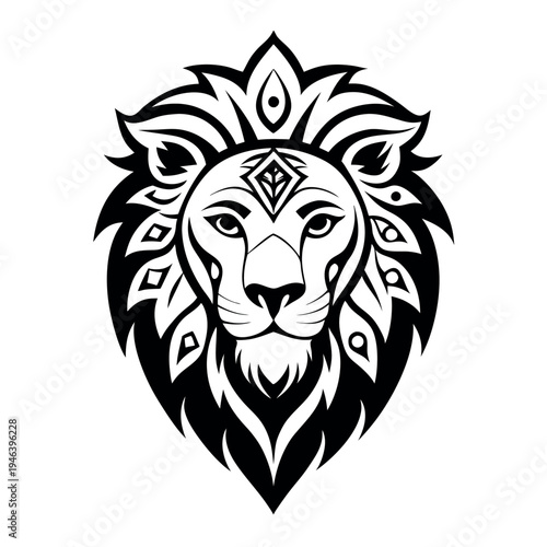 Lion head tribal tattoo design intricate line art. 