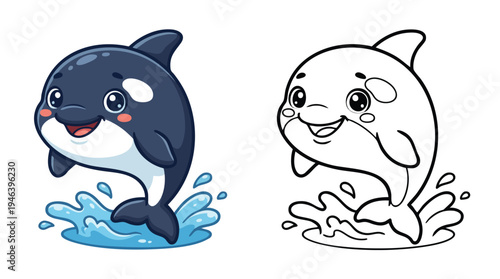 Coloring Page of a Cute Cartoon Killer Whale Jumping in Water