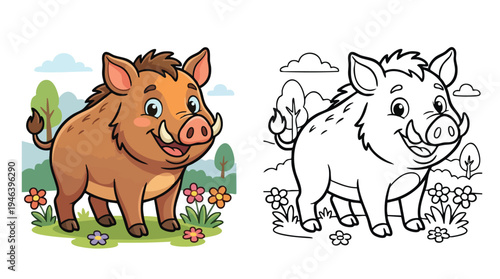 Cute Cartoon Wild Boar on Grass with Flowers Coloring Page