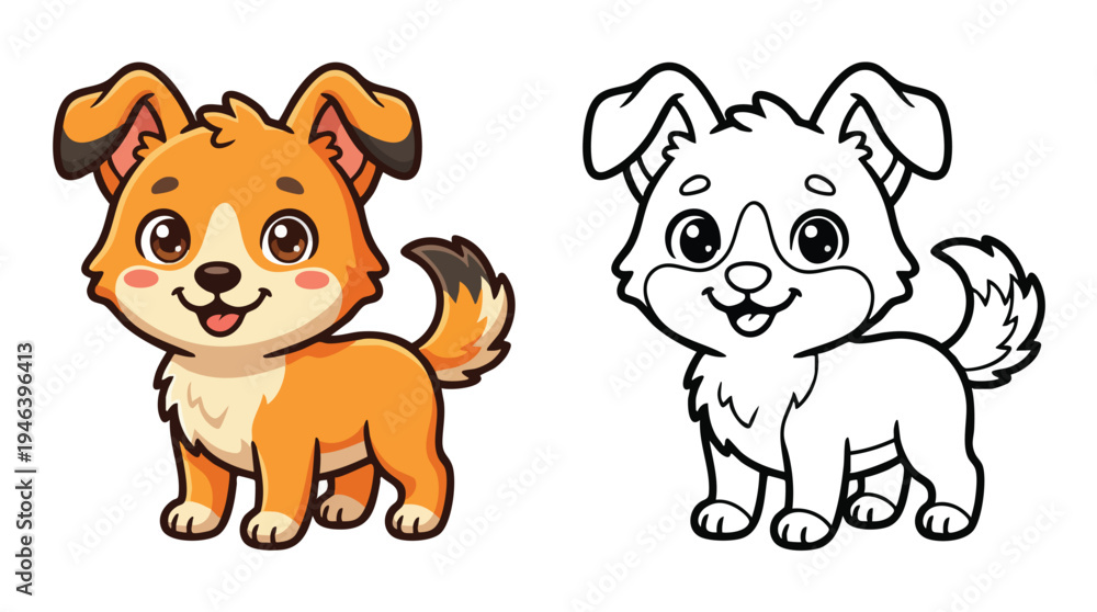 Fototapeta premium Cute Happy Little Puppy Dog Vector Coloring Book Page Set