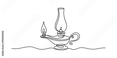 Continuous line drawing of two distinct types of antique lamps, including an oil lamp and a kerosene lamp, symbolizing light and history. Vector, illustration