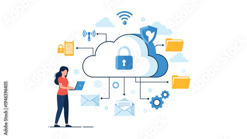 Secure cloud data protection concept with woman working on laptop surrounded by networking and information icons.