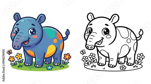 Chibi Cute Tapir Character Coloring Book Page for Kids Children