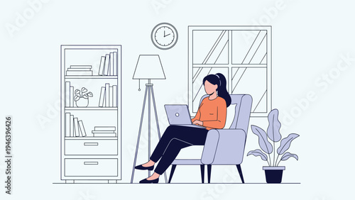 Focused young woman sitting in comfortable armchair at home while working on laptop in minimalist interior design.