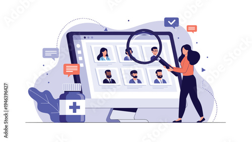 Medical professional using magnifying glass to search through digital patient profiles on large computer monitor.