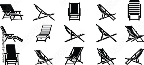 Various black vector illustrations of beach chairs in different designs and positions