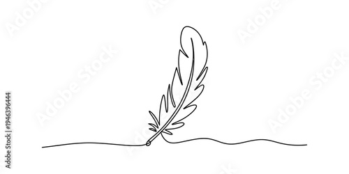 Minimalist continuous line drawing of a feather acting as a quill pen, writing a simple wavy line Vector, illustration