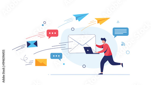 Energetic man running while multitasking with digital communication as messages and emails fly from his laptop.