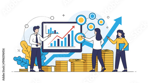 Corporate team analyzing financial growth charts on screen with stacks of gold coins representing profitable success.