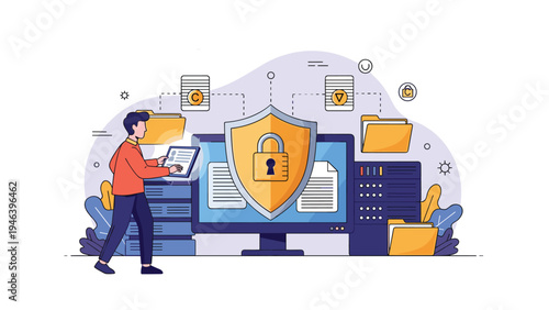 Cybersecurity specialist managing secure file storage system with large shield padlock monitor and server racks.