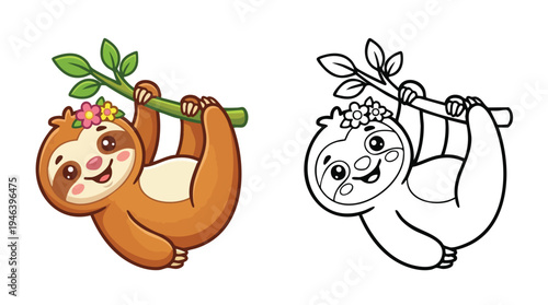 Cute Happy Sloth Hanging from a Branch with Coloring Book Page
