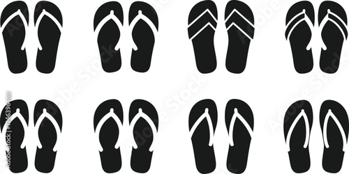 Various black vector flip flop designs with white straps illustration