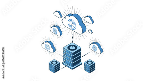 Central server infrastructure connecting to multiple cloud storage nodes with glowing signals in isometric design.
