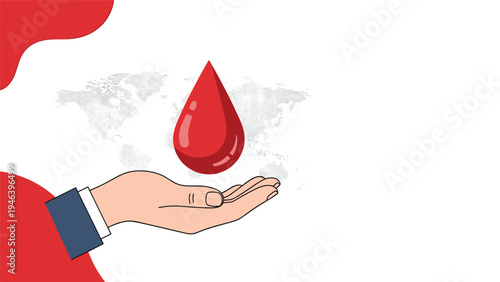 Human hand holding large red blood drop over dotted world map background representing global medical aid and charity.